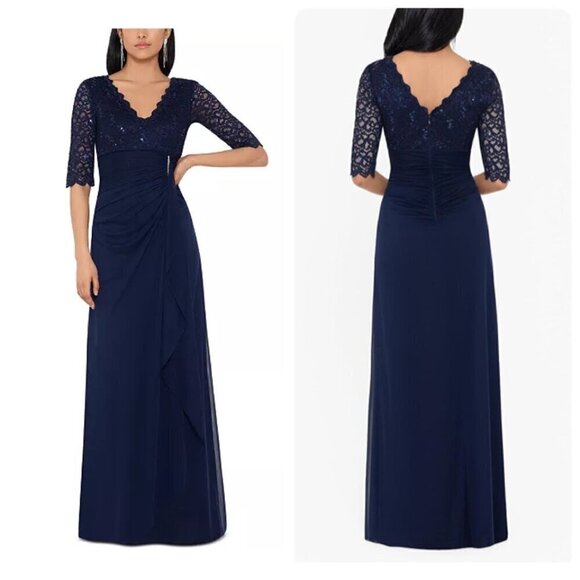 Betsy & Adam Women's Long 3/4 Sleeve V-Neck Lace Sheer Matte Jersey Gown 12 Navy - Picture 1 of 10